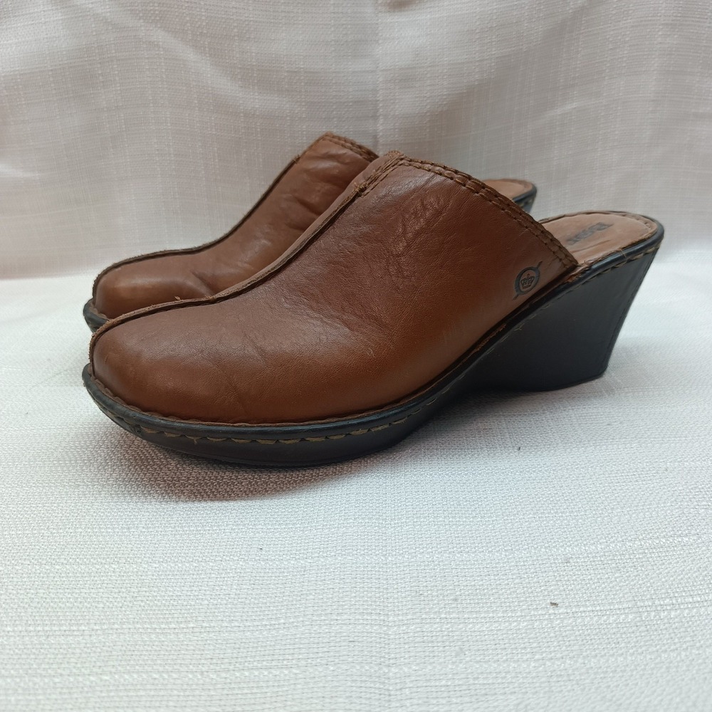 Born Marsha Pennywise Brown Leather Wedge Clogs Mules Shoes Womens 8 EU39 w/ Box